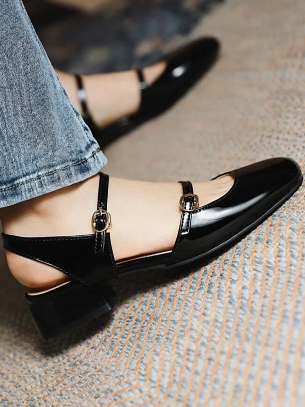 Black patent low square heel shoes