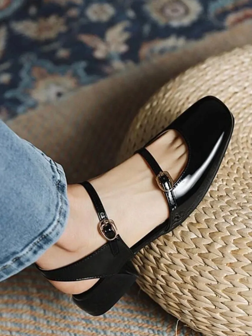 Black patent low square heel shoes