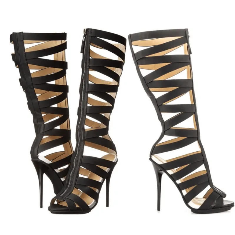 Black Peep Toe Cutout High Heel Leather Sandals