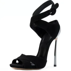 Black Suede Buckle Cutout Round Toe Sandals