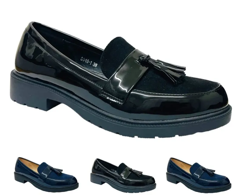 Faux Patent Leather Tassel Slip On Shoes