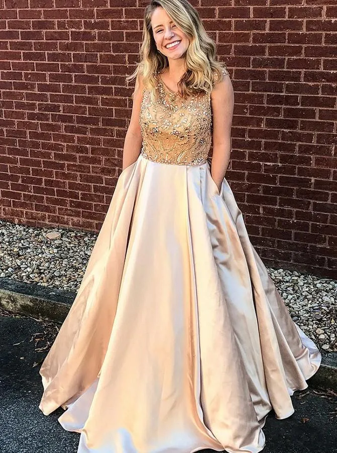 Glamorous Scoop Floor-Length Beading Satin Prom Dress with Pockets MP998