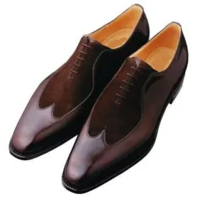 New Handmade Men's Brown Color Wing Tip Shoes Suede & Leather Lace Up Dress Shoes