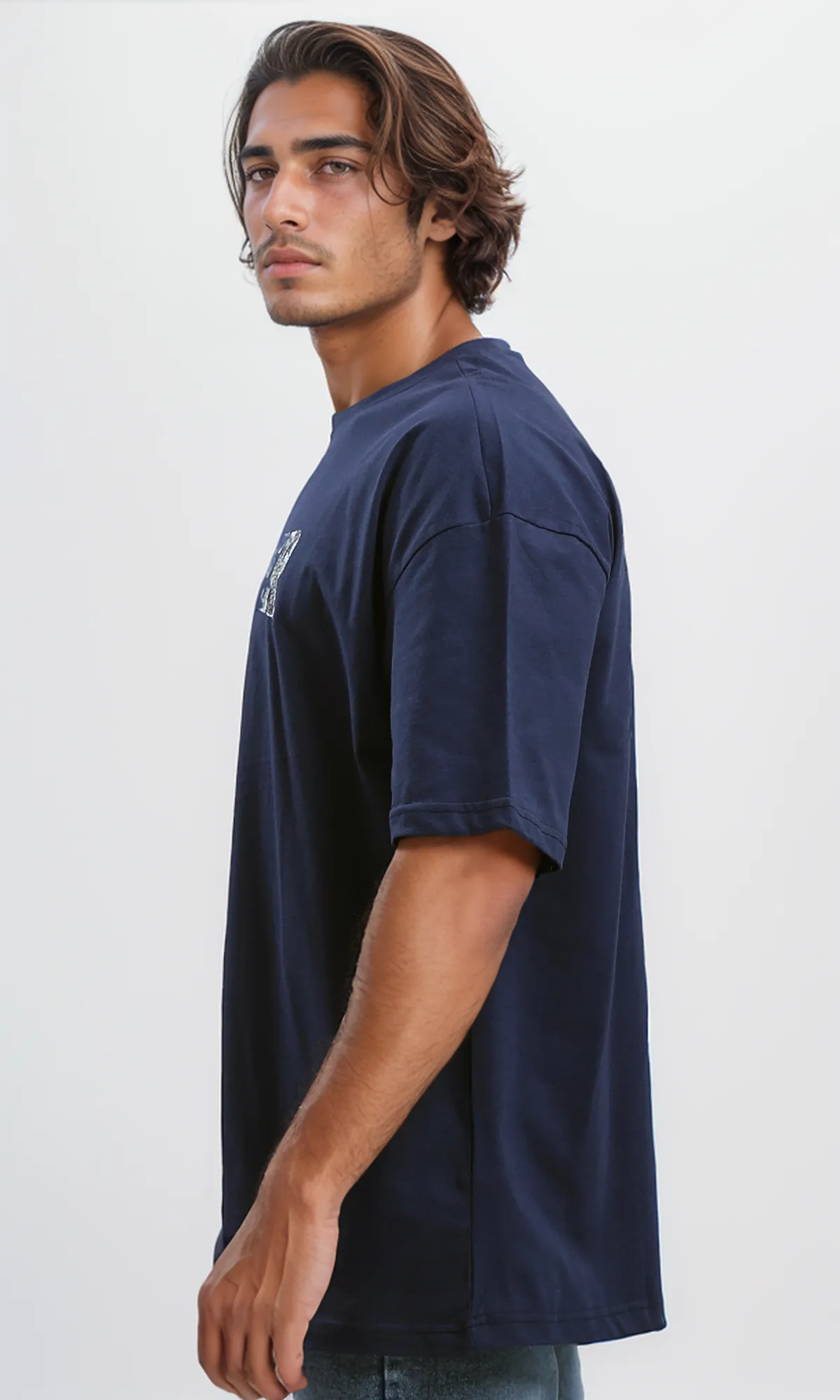 O179037 Printed "Stronger" Slip On Summer Tee - Dark Navy Blue