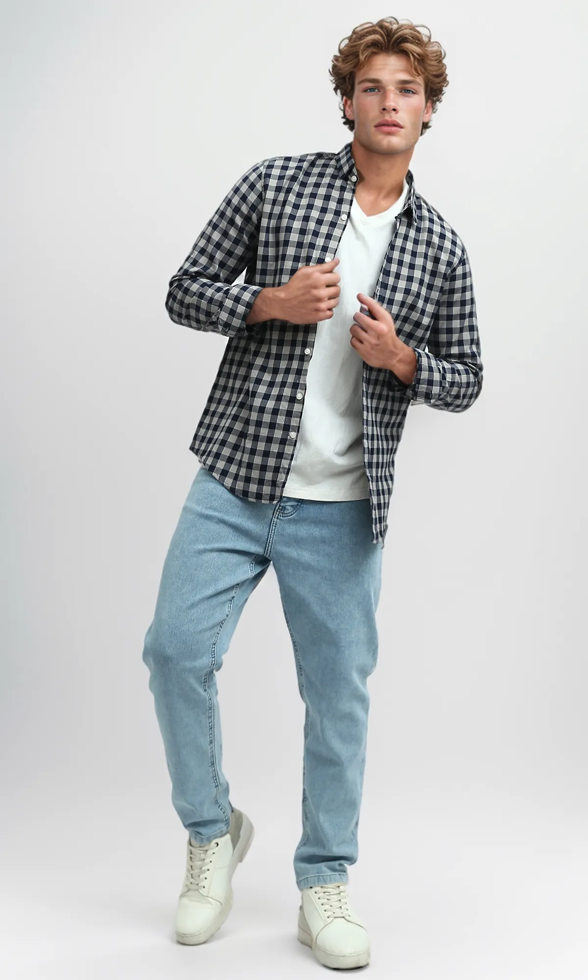 O179967 Caro Navy Blue & Beige Buttoned Summer Shirt