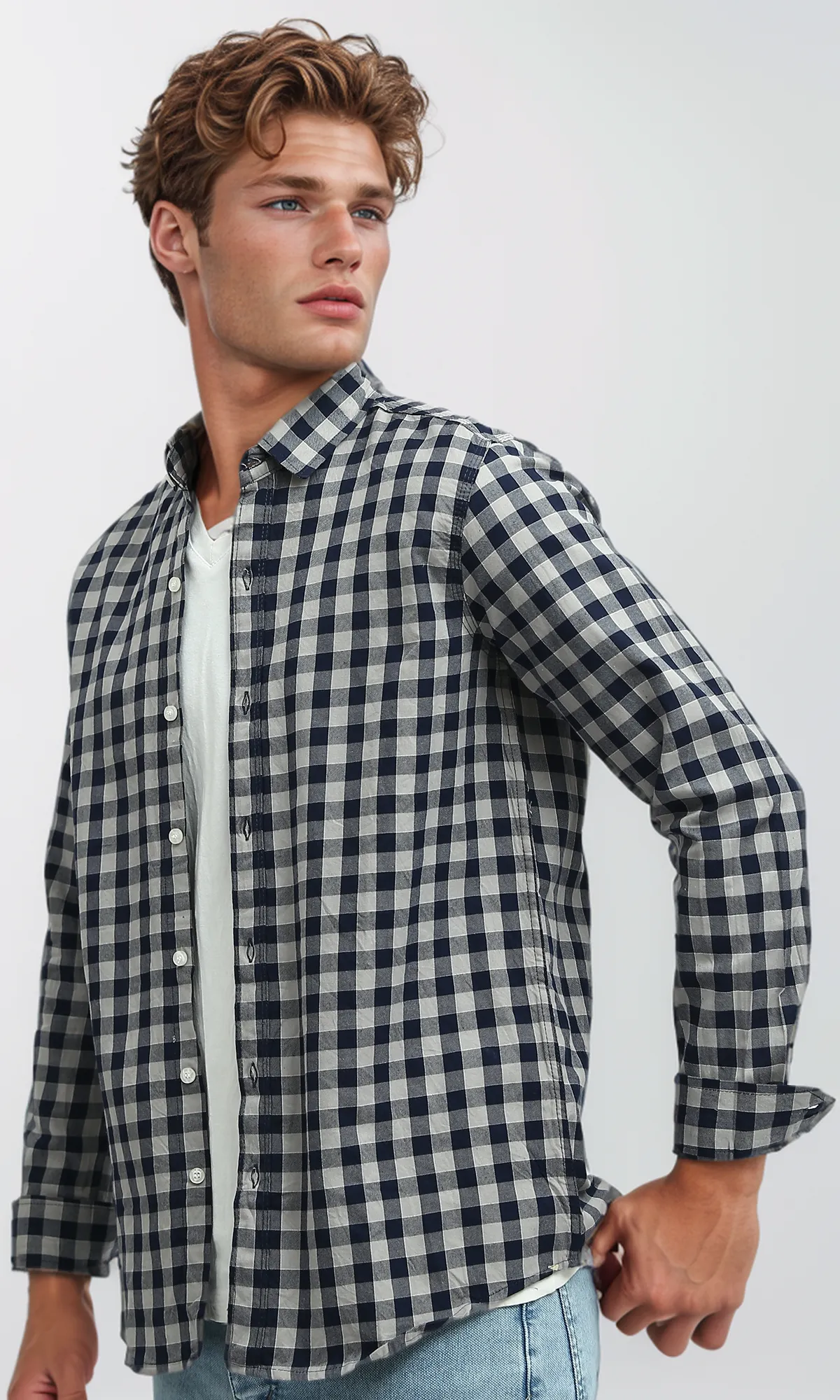 O179967 Caro Navy Blue & Beige Buttoned Summer Shirt