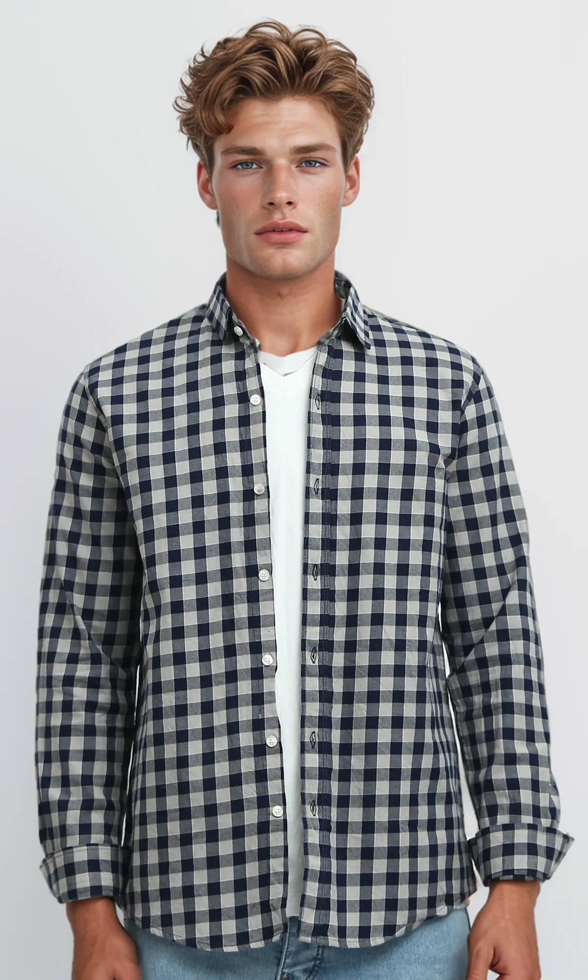 O179967 Caro Navy Blue & Beige Buttoned Summer Shirt