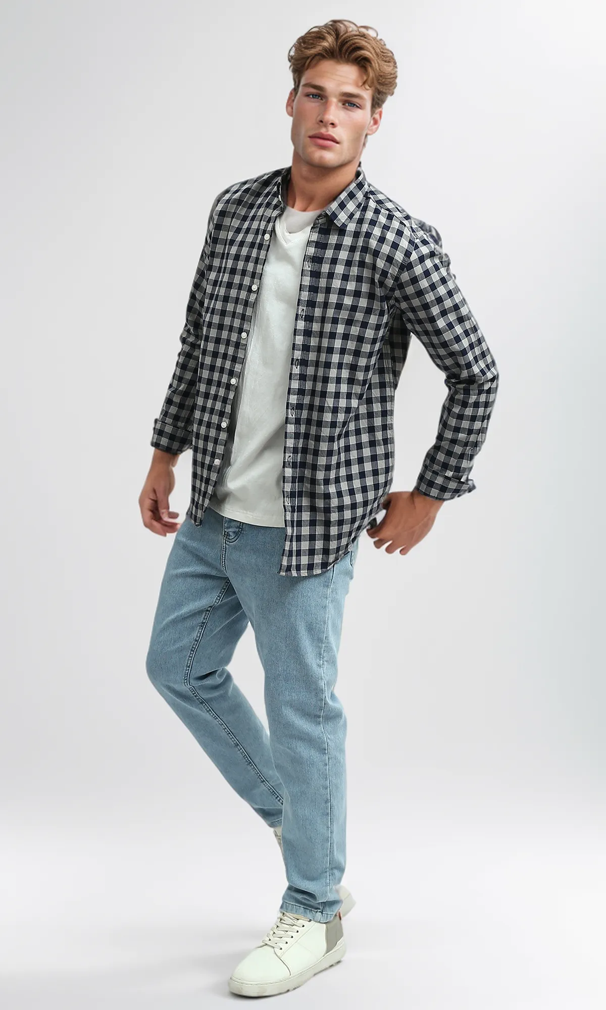 O179967 Caro Navy Blue & Beige Buttoned Summer Shirt