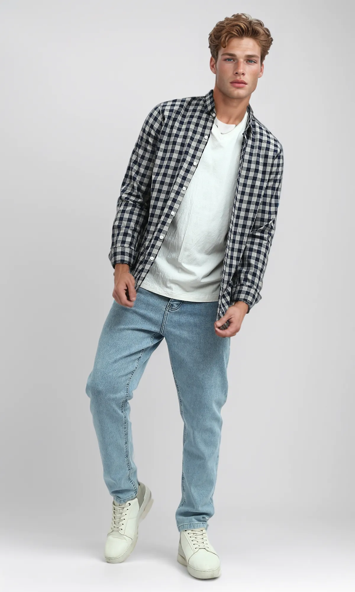 O179967 Caro Navy Blue & Beige Buttoned Summer Shirt