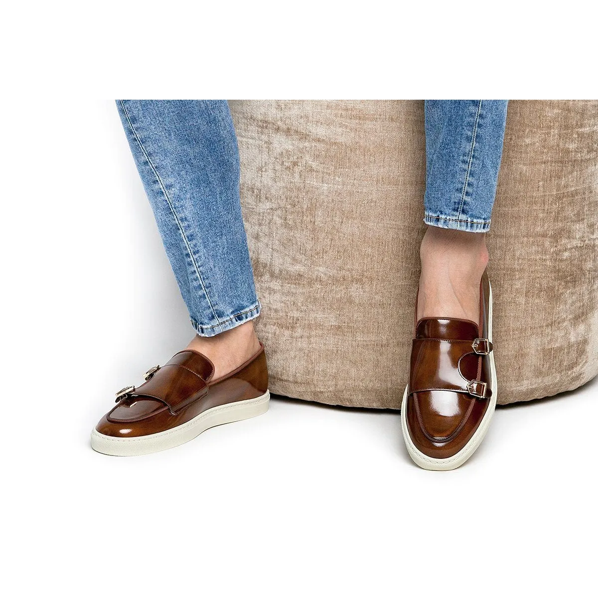 SUPERGLAMOUROUS Tangerine 7 Men's Shoes Cognac Polished Leather Monk-Straps Belgian Sneakers (SPGM1196)