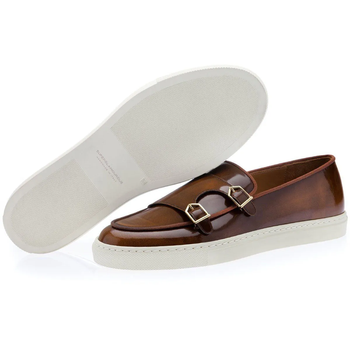 SUPERGLAMOUROUS Tangerine 7 Men's Shoes Cognac Polished Leather Monk-Straps Belgian Sneakers (SPGM1196)