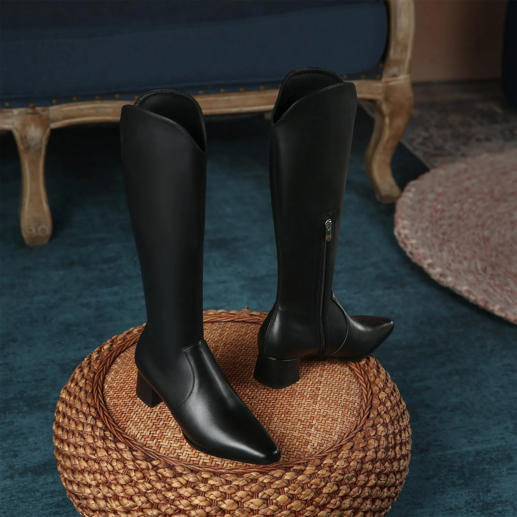 TinaCus Women's Handmade Leather Comfortable Chunky Heel Side Half Zipper Round Toe Knee-High Boots