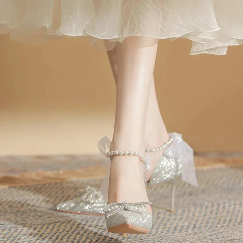 Wjczt Women High Heeled Sandals Summer Fashion Bow Pearl Woman Pointed Toe Pumps Elegant Woman Sandals Party Lady Shoes