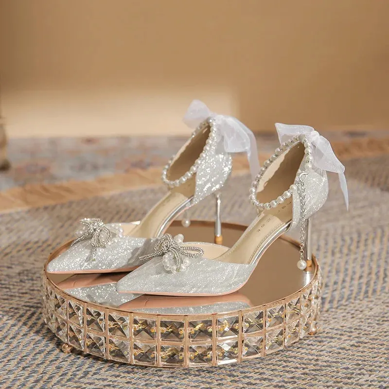 Wjczt Women High Heeled Sandals Summer Fashion Bow Pearl Woman Pointed Toe Pumps Elegant Woman Sandals Party Lady Shoes